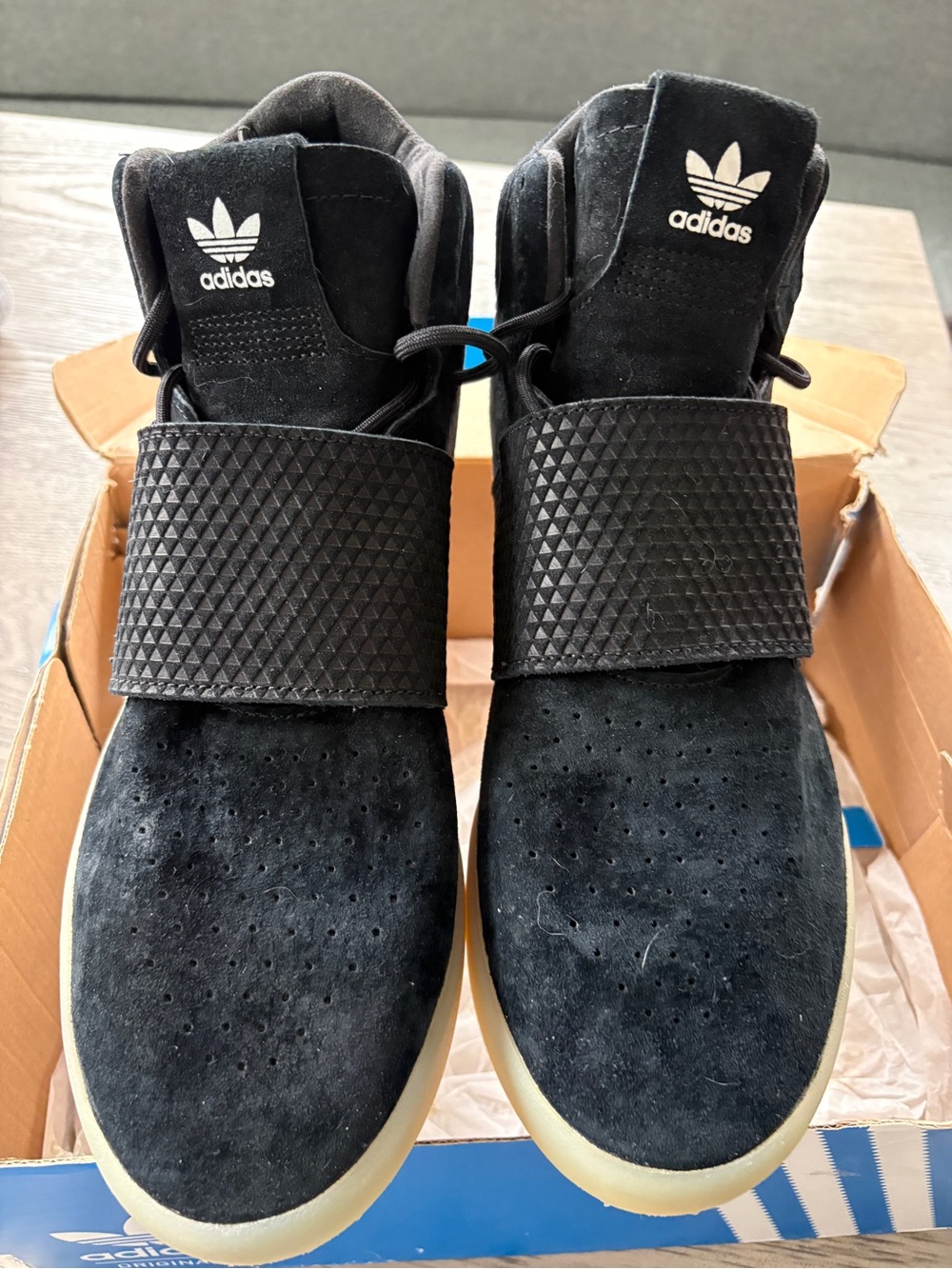adidas Tubulars Black Suede Mid-Top Sneakers with Strap